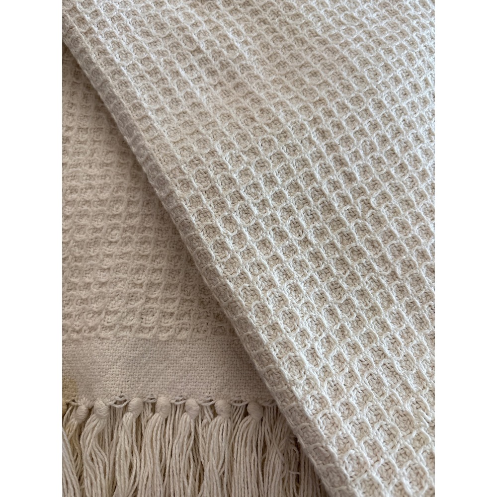 Vintage Ralph Lauren Cream Waffle Weave Cotton Throw Blanket Fringe 54x72 USA - Picture 2 of 5